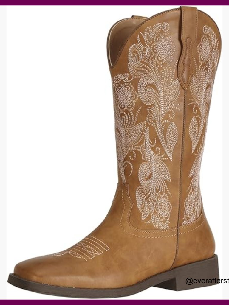 Floral Embroidered Cowboy Boots Square Toe Western Fashion Faux Leather